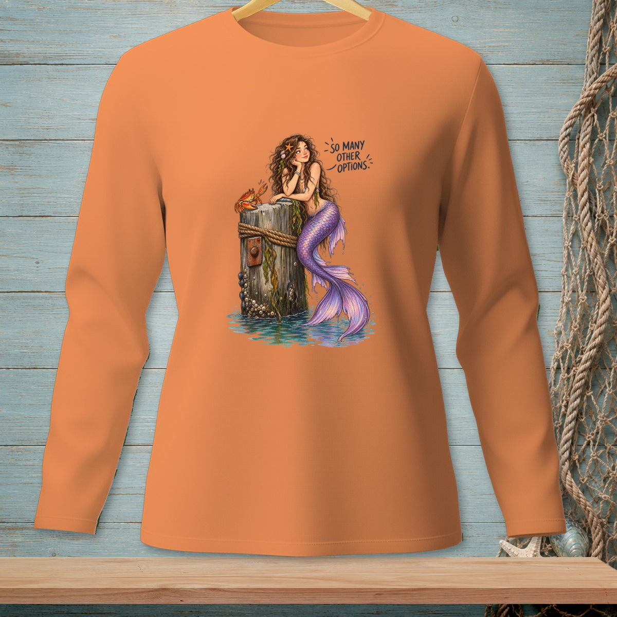 Mermaid with crab and text "So Many Other Options" on orange shirt