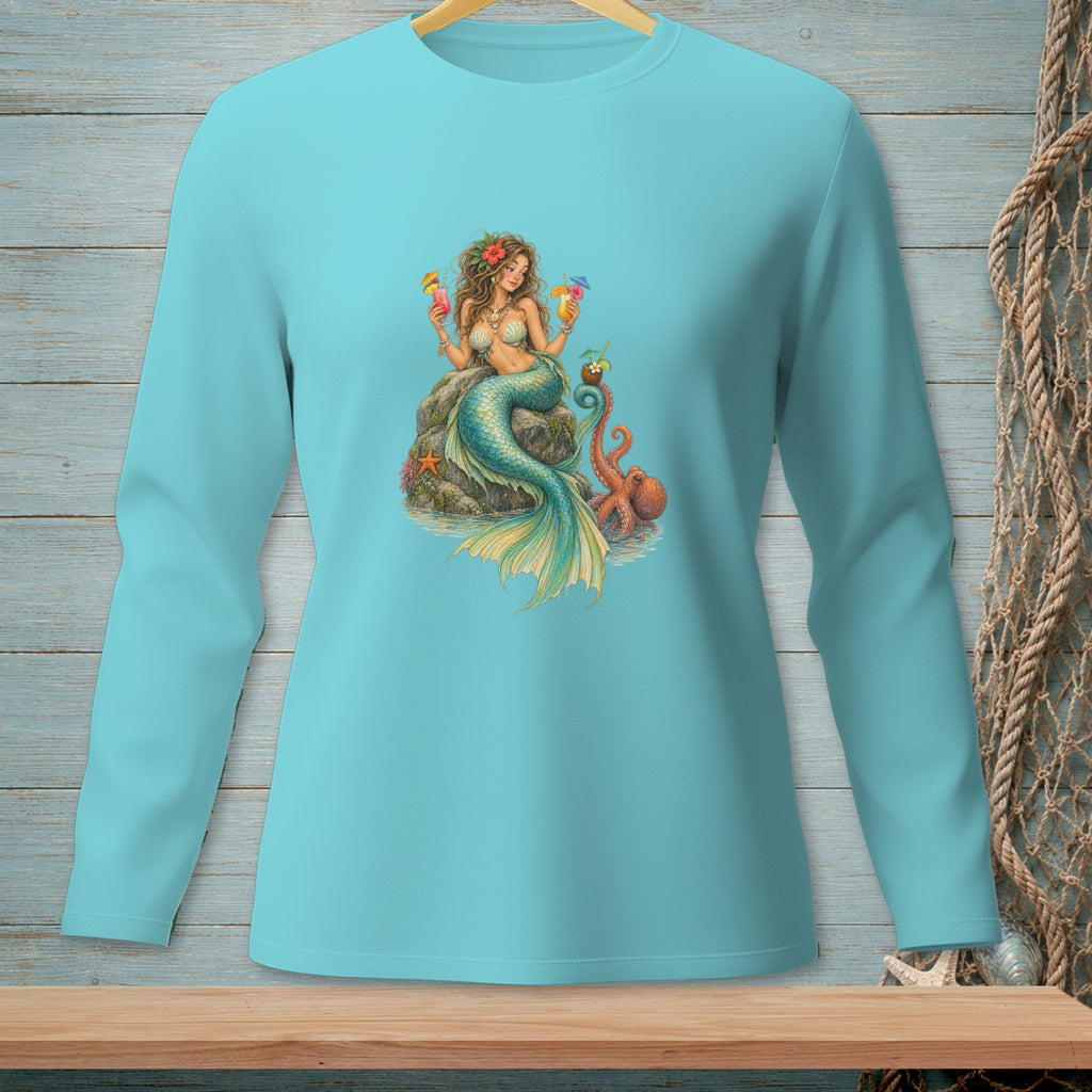 Teal long-sleeve shirt with a mermaid holding cocktails next to an octopus.