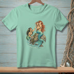 Two mermaids with blue tails on rocks near the sea.