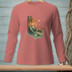 Long-sleeve shirt with a print of a mermaid holding a seashell by a wooden post and a crab.