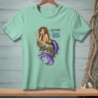 Mint t-shirt with a mermaid illustration and the text "SALTY HAIR. SALTIER ATTITUDE."