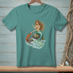 Mermaid holding a pearl with a lobster on a rock in the sea.