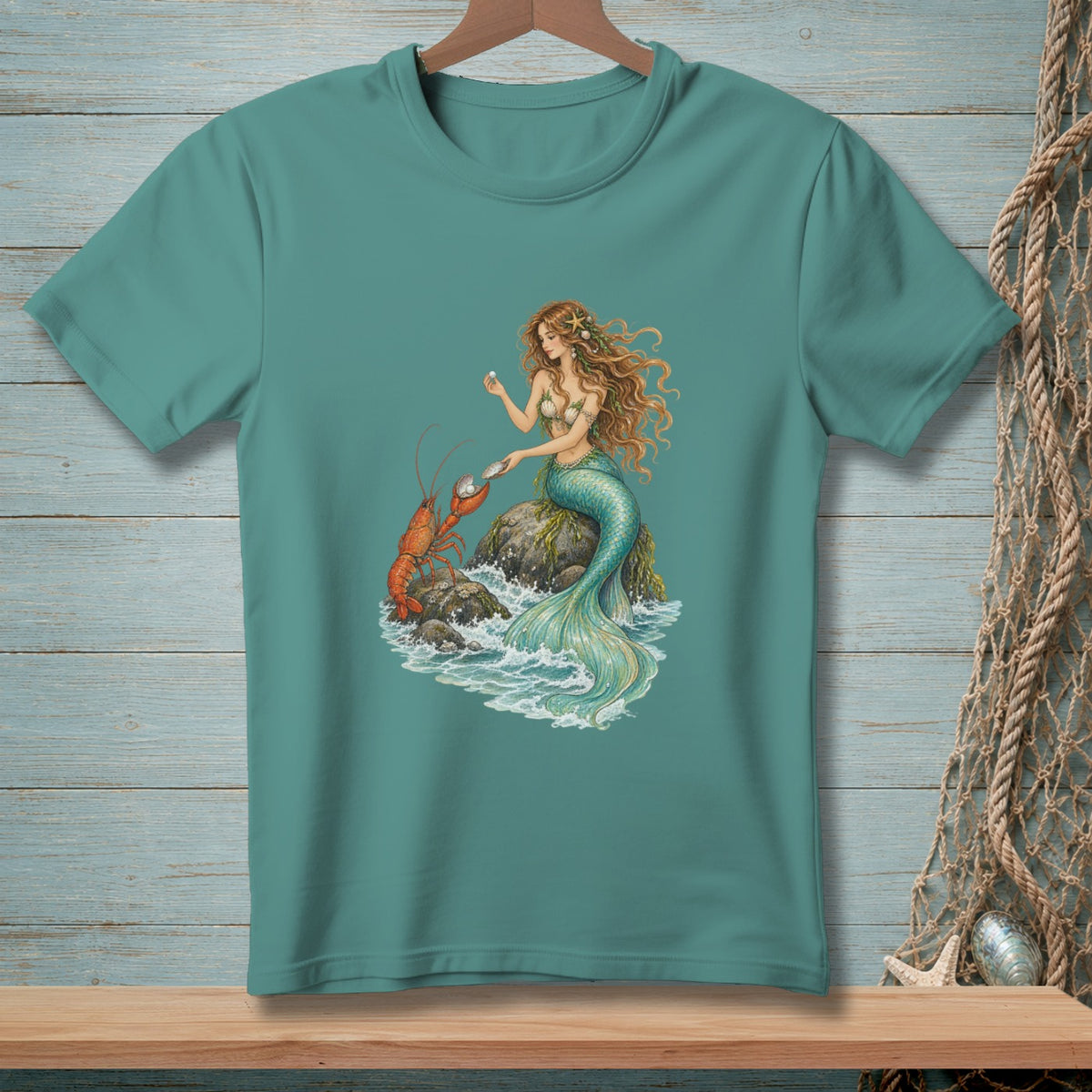 Mermaid holding a pearl with a lobster on a rock in the sea.