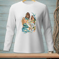 A white long-sleeved shirt displays a vibrant graphic of three mermaids relaxing in a tropical bathtub.