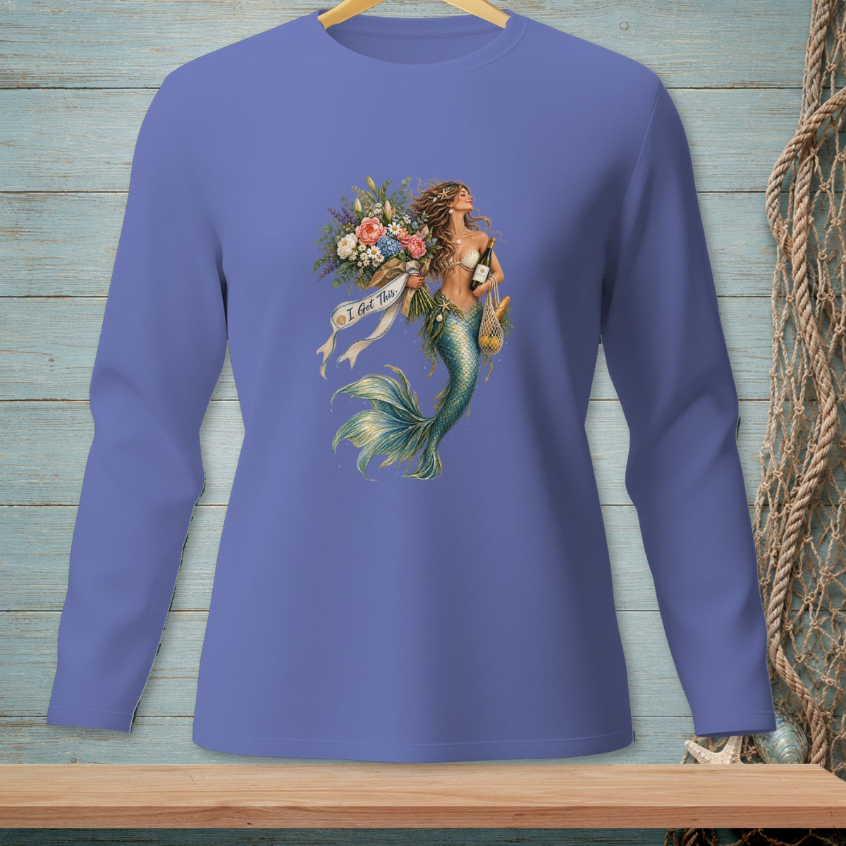 Mermaid holding flowers and wine bottle with "I Got This" banner.