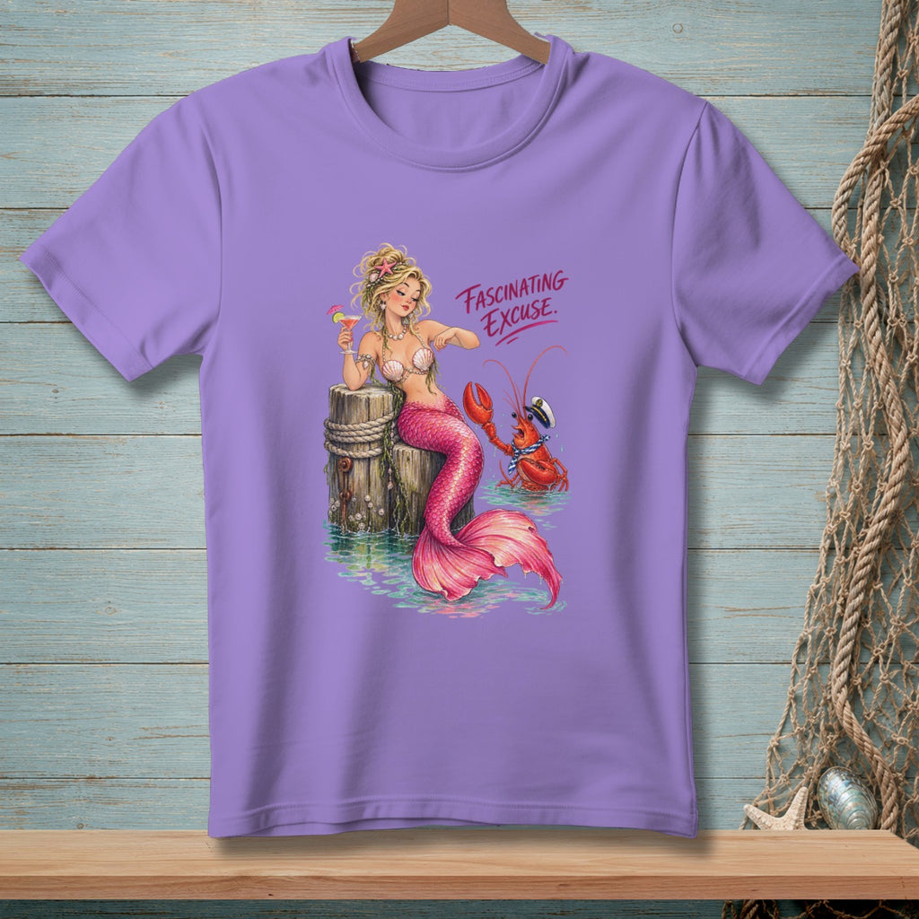 T-shirt with mermaid on pier, cocktail in hand, and lobster with text "Fascinating Excuse."