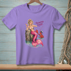T-shirt with mermaid on pier, cocktail in hand, and lobster with text "Fascinating Excuse."