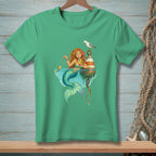 Green t-shirt with a mermaid drinking a cocktail and fishing for a small fish.