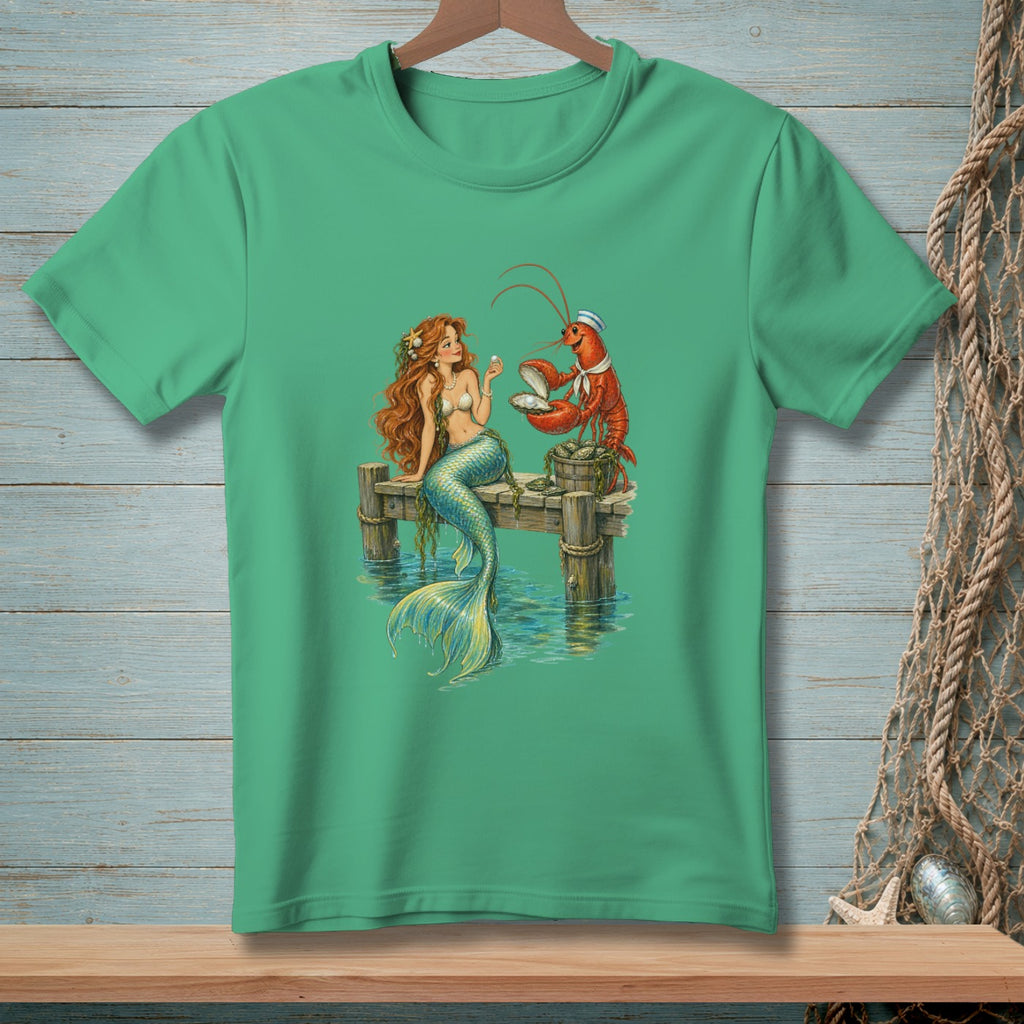 Mermaid and lobster on a dock holding a pearl.