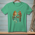 Mermaid and lobster on a dock holding a pearl.
