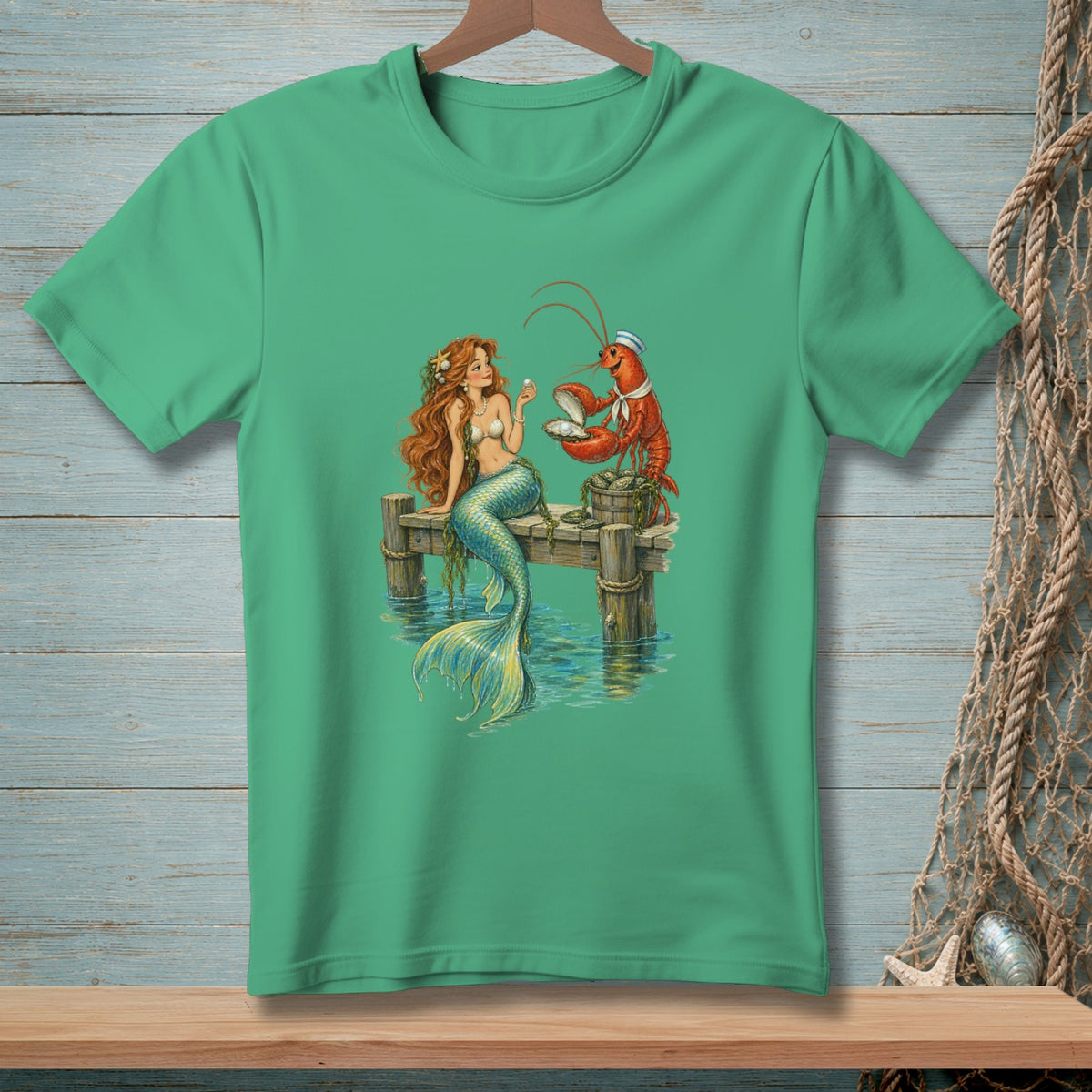 Mermaid and lobster on a dock holding a pearl.