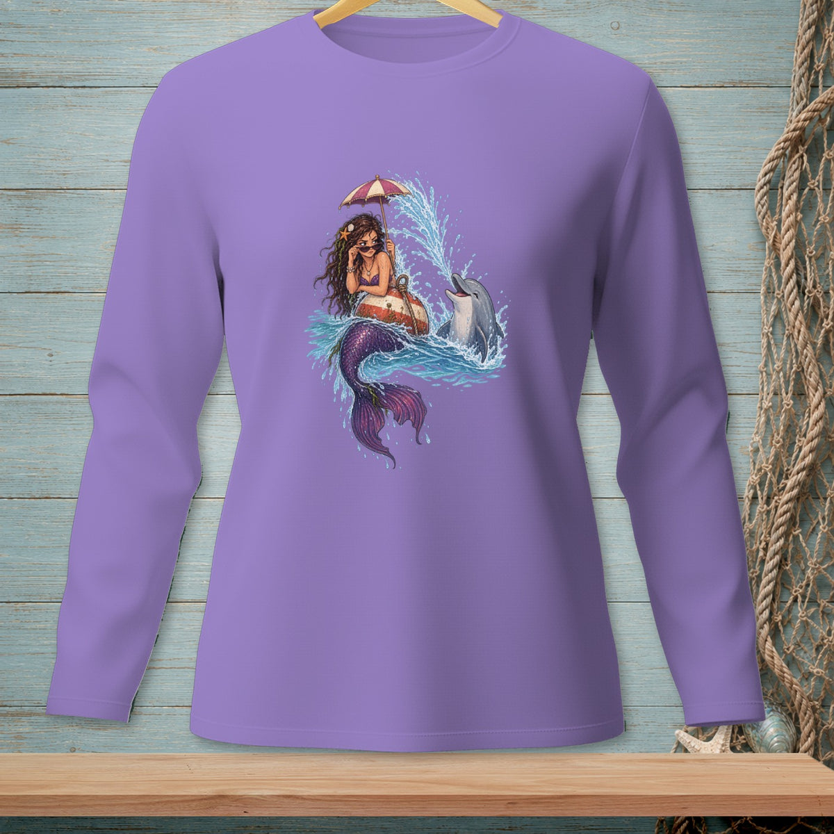 Mermaid with umbrella and dolphin playing in the water.