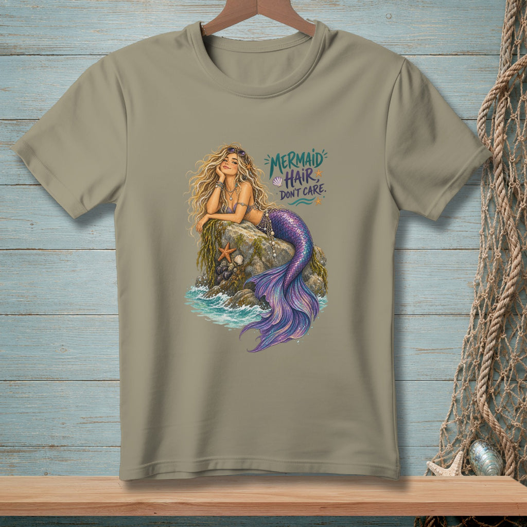 T-shirt with mermaid graphic and text "Mermaid Hair Don't Care."