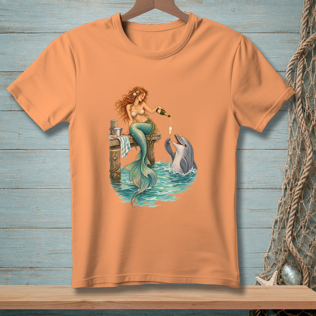 Mermaid pouring champagne for dolphin from a bottle on a pier.