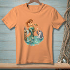 Mermaid pouring champagne for dolphin from a bottle on a pier.