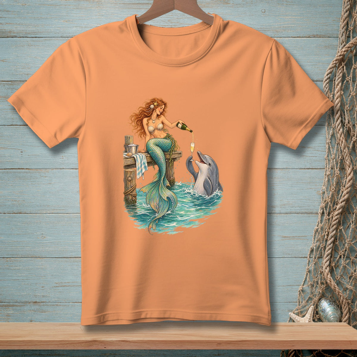 Mermaid pouring champagne for dolphin from a bottle on a pier.