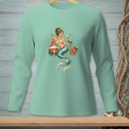 Mermaid with octopus holding cocktails near a buoy on a teal long-sleeve shirt.