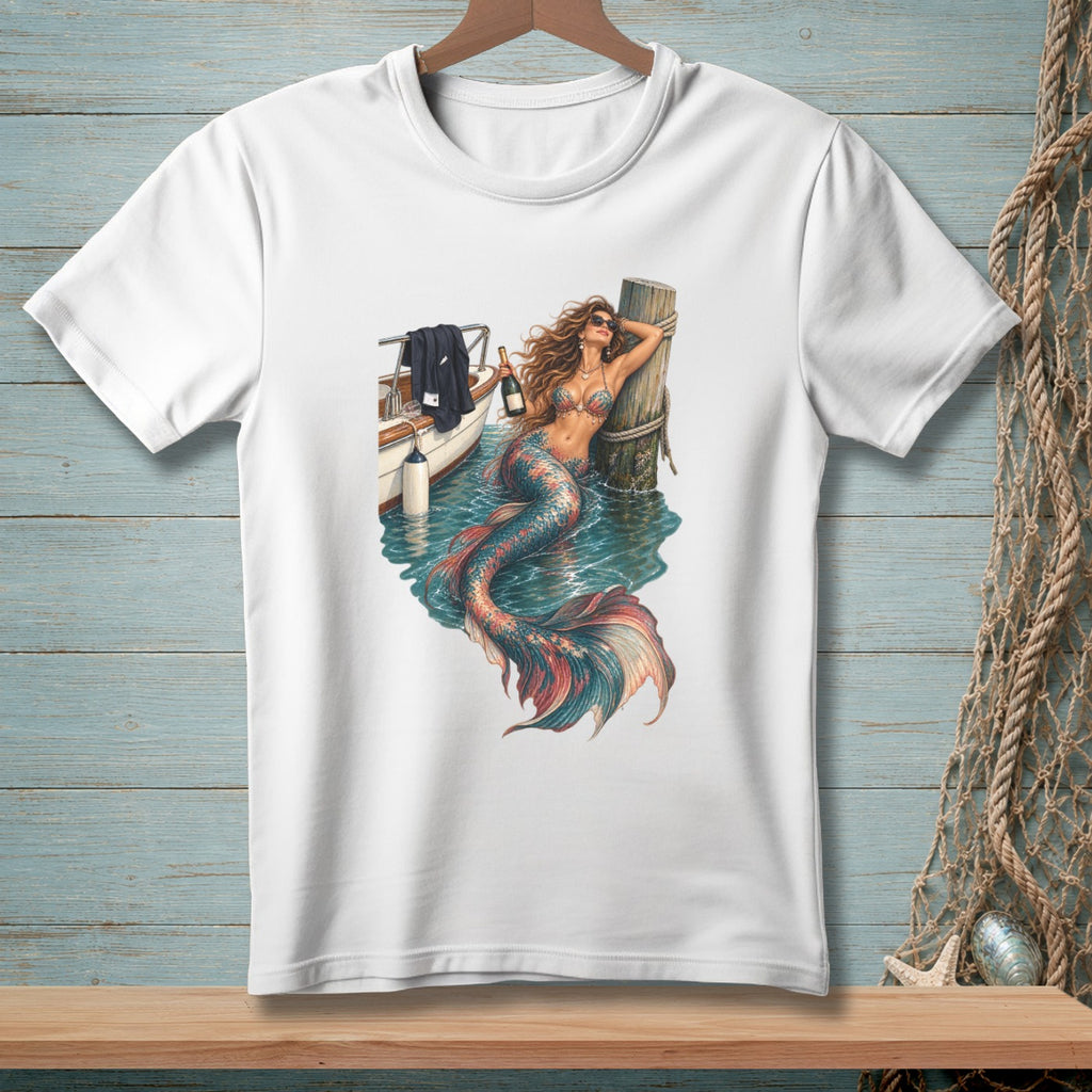 T-shirt with a mermaid lounging by a boat and a dock post.