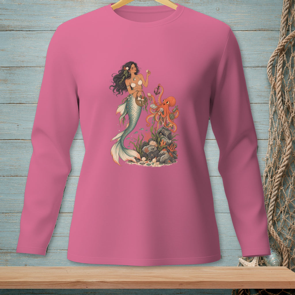 Long sleeve pink shirt with a mermaid and octopus illustration on a rocky seabed.