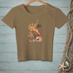 T-shirt graphic of a mermaid holding a martini glass with text "MINE'S BIGGER."