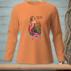 Orange long-sleeve shirt with a mermaid, lobster, and text: "THAT'S NICE. WHAT ELSE?".