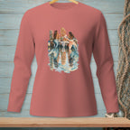 Three mermaids with colorful tails sit on a dock, sharing a meal by the water.