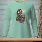 Mint green shirt with a mermaid and crab graphic and text.