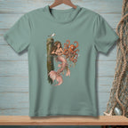 Mermaid holding pearls with octopus on a wooden pier with a seagull above.