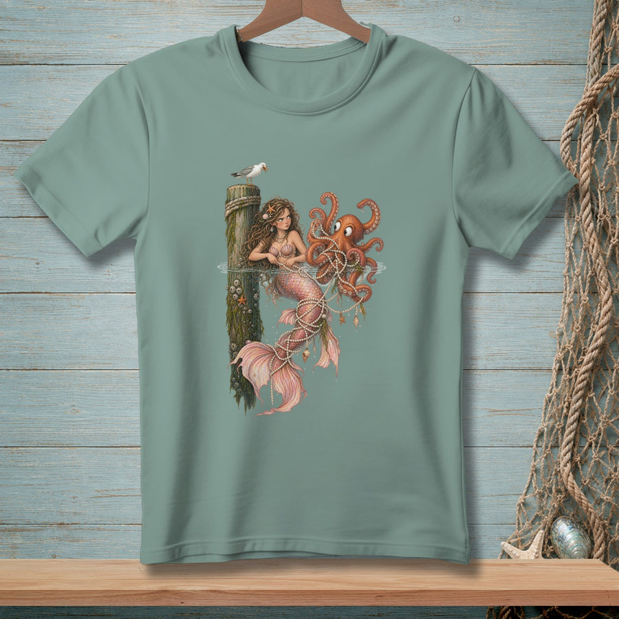 Mermaid holding pearls with octopus on a wooden pier with a seagull above.