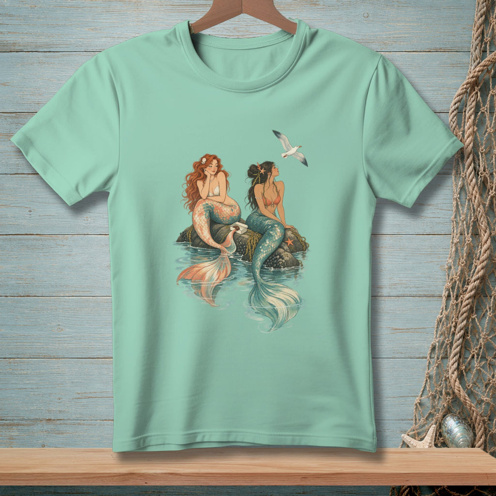 Two mermaids sit on rocks by the water with a seagull flying overhead.