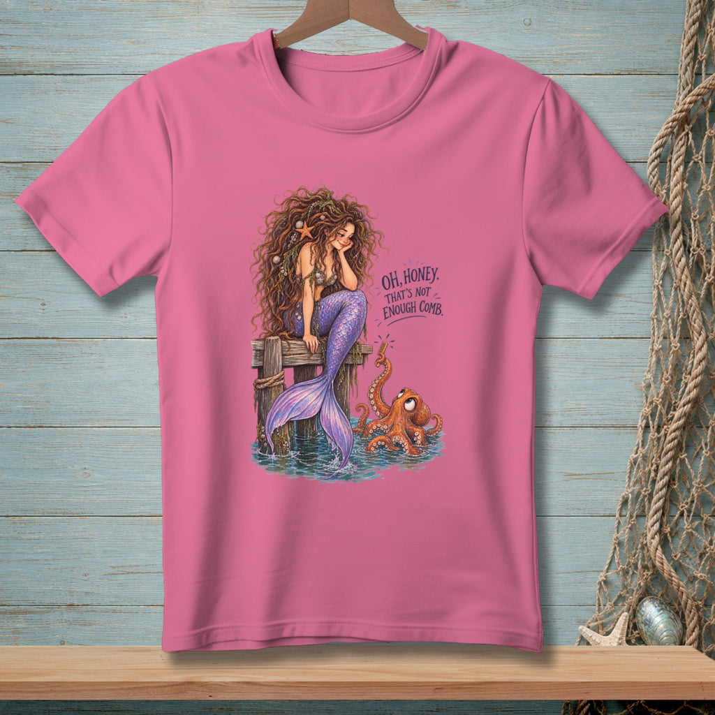 Mermaid with messy hair and octopus on pier, text reads "Oh, honey. That's not enough comb."