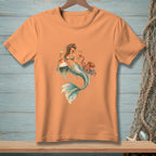 Orange t-shirt with a graphic of a mermaid holding cocktails next to a buoy and octopus.