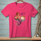 Mermaid with pufferfish and buoy, with text "That's a lot of drama per inch."