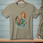 Two mermaids sit on rocks in the water, one holding a shell to her ear.