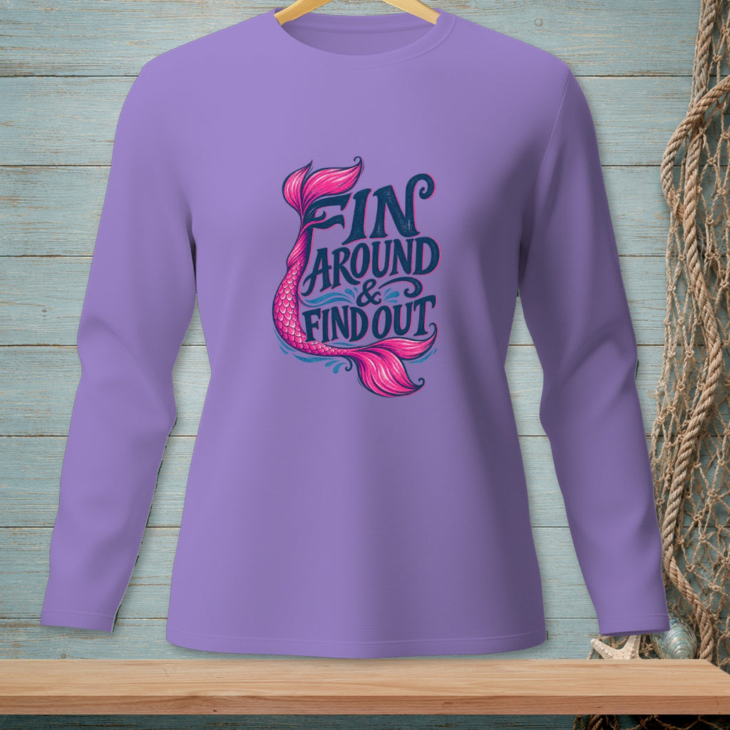 Purple long-sleeve shirt with mermaid tail and text "FIN AROUND & FIND OUT".