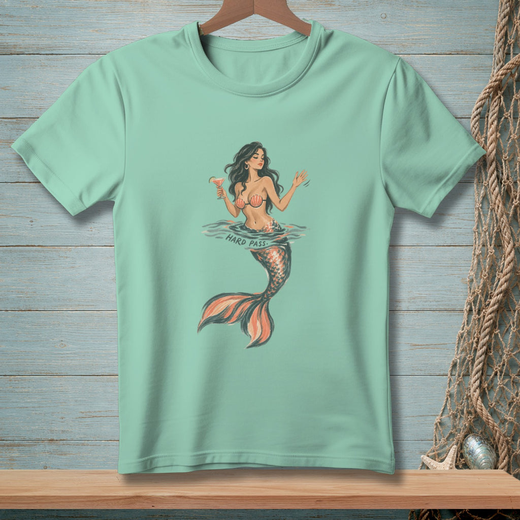 Mint t-shirt with a graphic of a mermaid holding a cocktail, with "HARD PASS" text.
