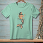 Mint t-shirt with a graphic of a mermaid holding a cocktail, with "HARD PASS" text.