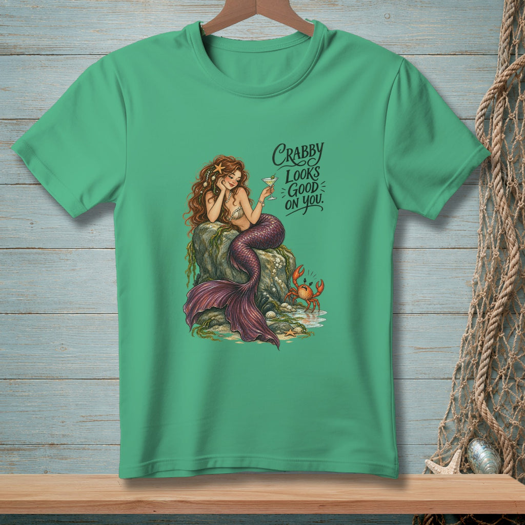 Mermaid with a drink and crab, text reads "Crabby Looks Good On You."