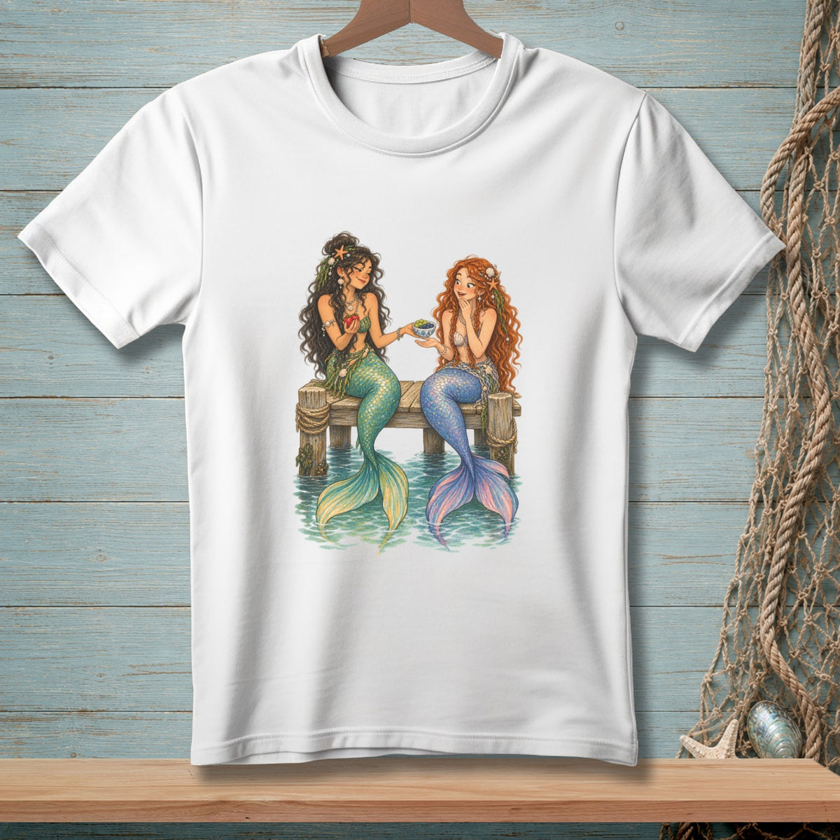 Two mermaids with colorful tails sit on a wooden dock, sharing food.