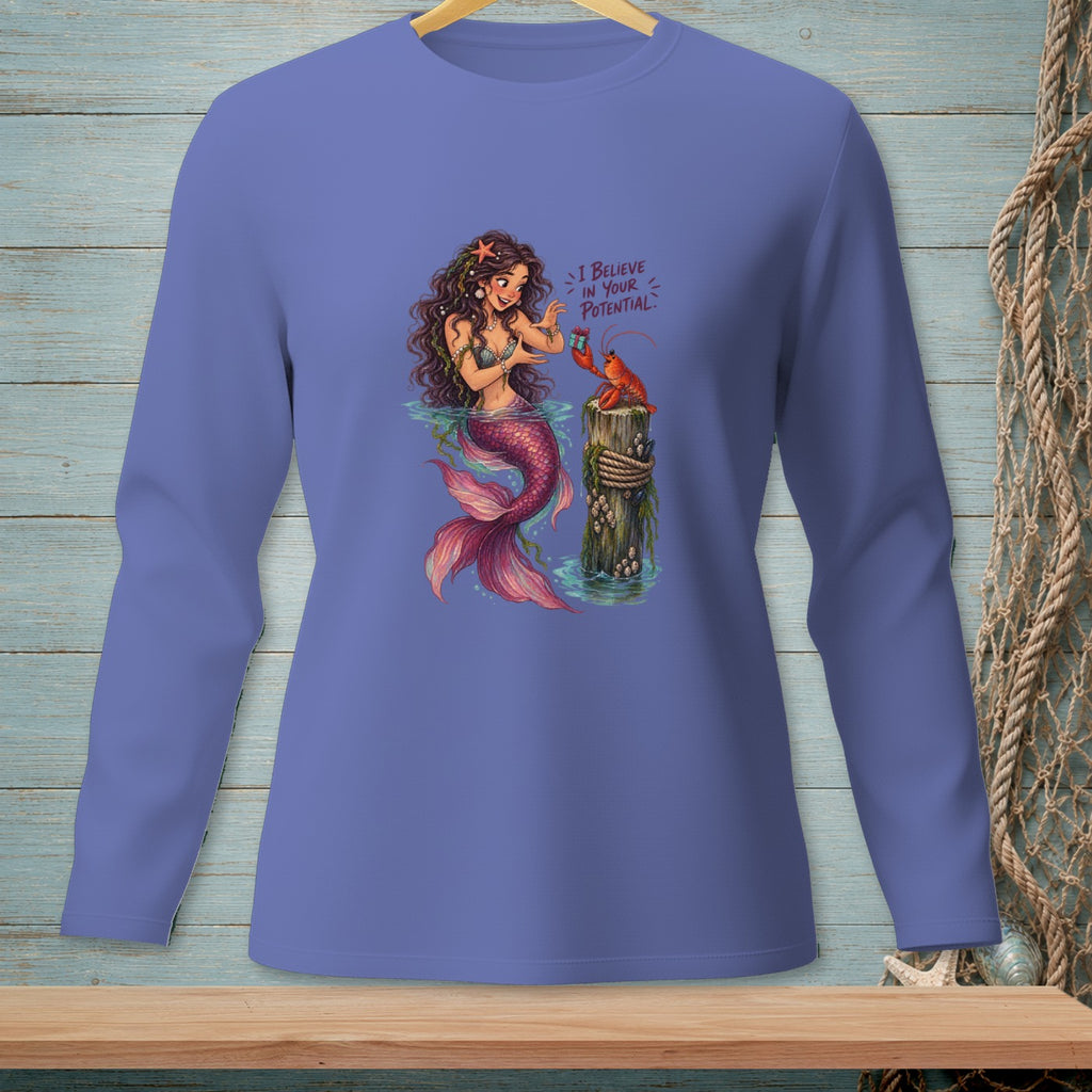 Mermaid with lobster on a post, with text "I believe in your potential."