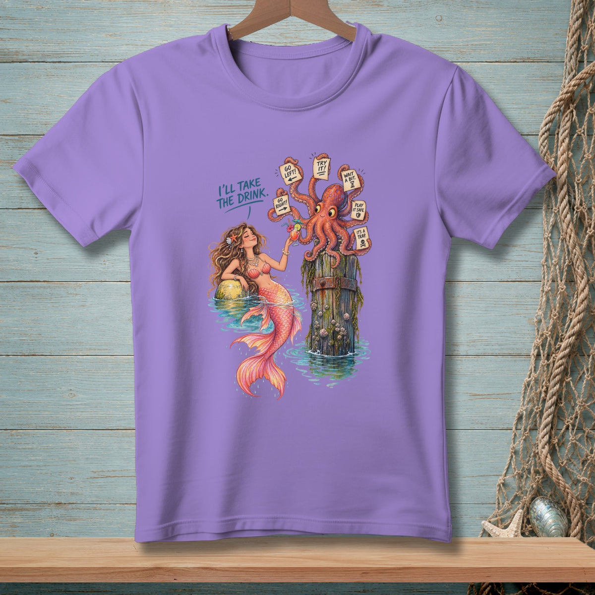 Mermaid and octopus with signs, "I'll take the drink."