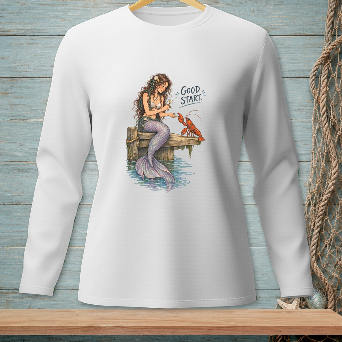 Mermaid holding a flower, interacting with a lobster, with "Good Start" text.