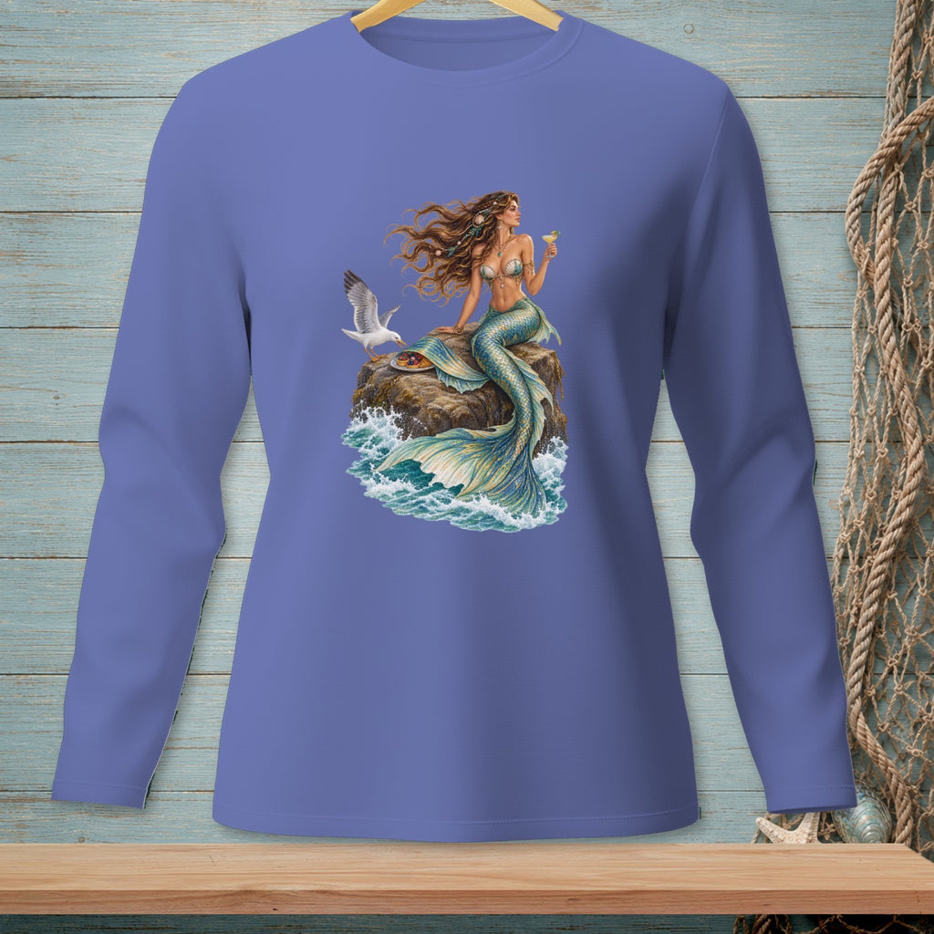 Long-sleeve shirt featuring a mermaid sitting on a rock with a seagull.