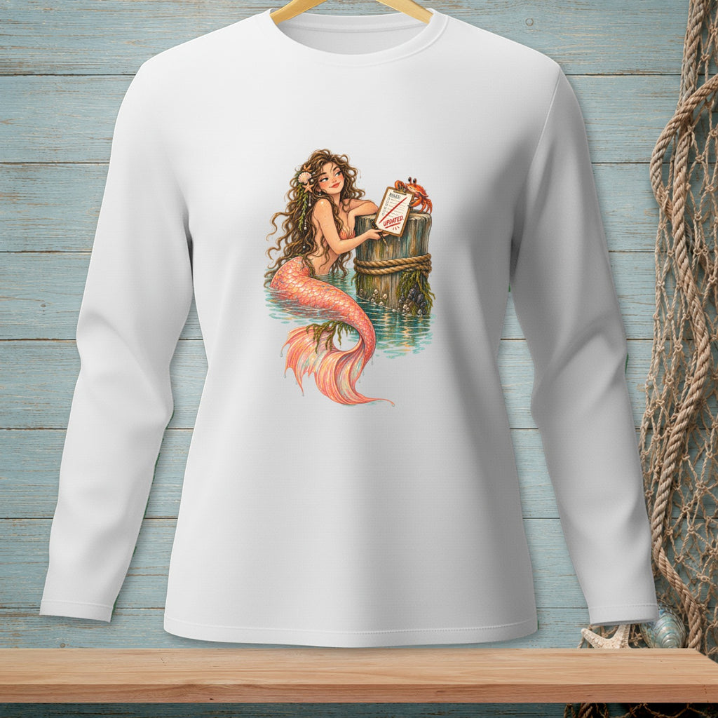 Mermaid with coral tail leans on a wooden post with "Rules! Updated" sign and crab.