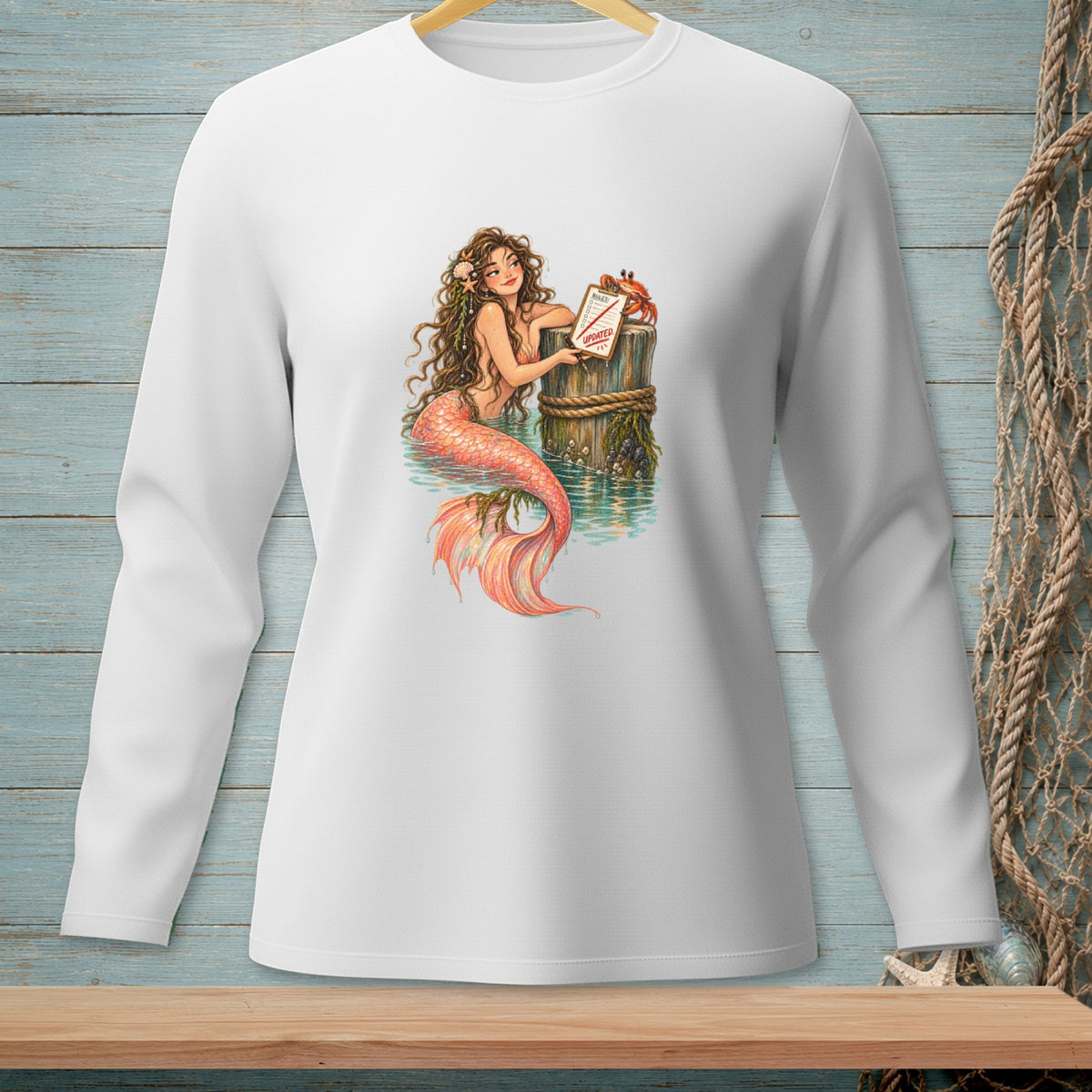 Mermaid with coral tail leans on a wooden post with "Rules! Updated" sign and crab.