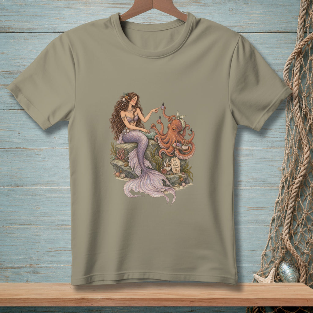 Mermaid giving octopus manicure with polish bottles and "Salt Soak Polish Repeat" text.