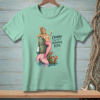 Mint green t-shirt with mermaid, crab, and text "Crabby Isn't A Personality, Kevin."