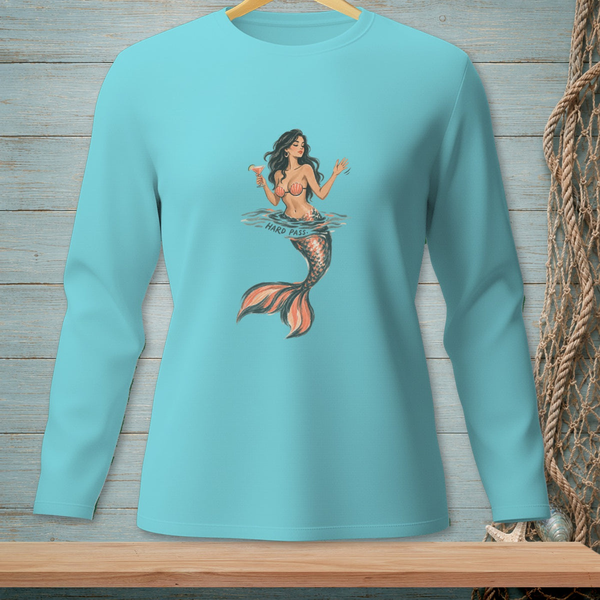 Long-sleeve shirt with a mermaid illustration and the text "HARD PASS".