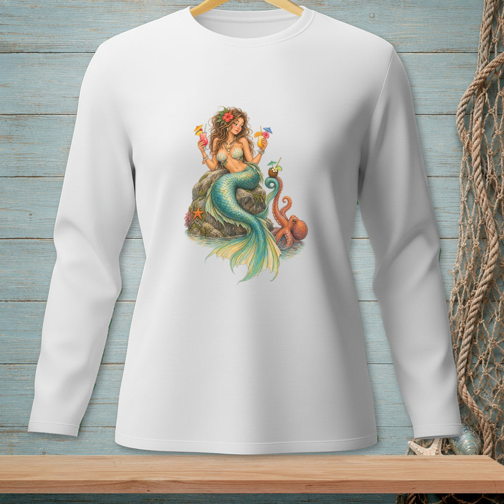Illustration of a mermaid holding drinks with an octopus on a rock.