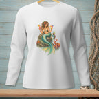 Illustration of a mermaid holding drinks with an octopus on a rock.
